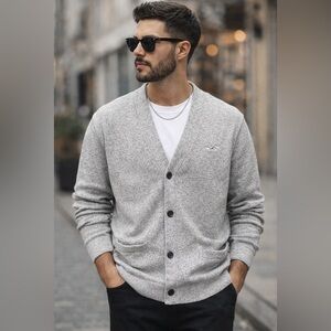Hollister Men's Light Gray Cardigan Sweater